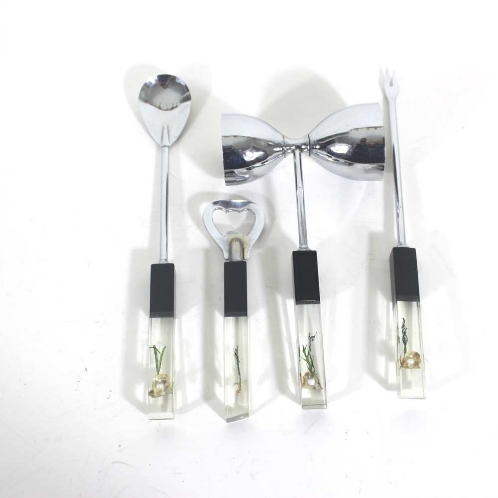 Mid Century Swank Lucite Bar Tool Set with Pearls Seaweed and Shells Steel